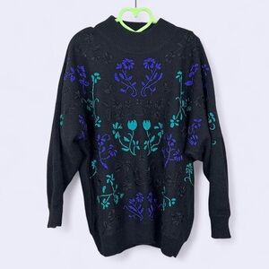 Koret Black Sweater with Blue and Green Floral Design